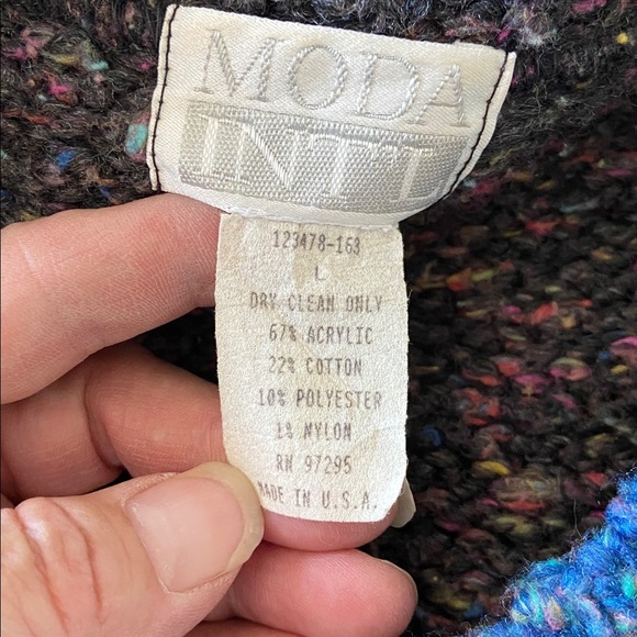 MODA INTERNATIONAL chunky knit V-neck multi-colored contrasting trim Large - Picture 6 of 8